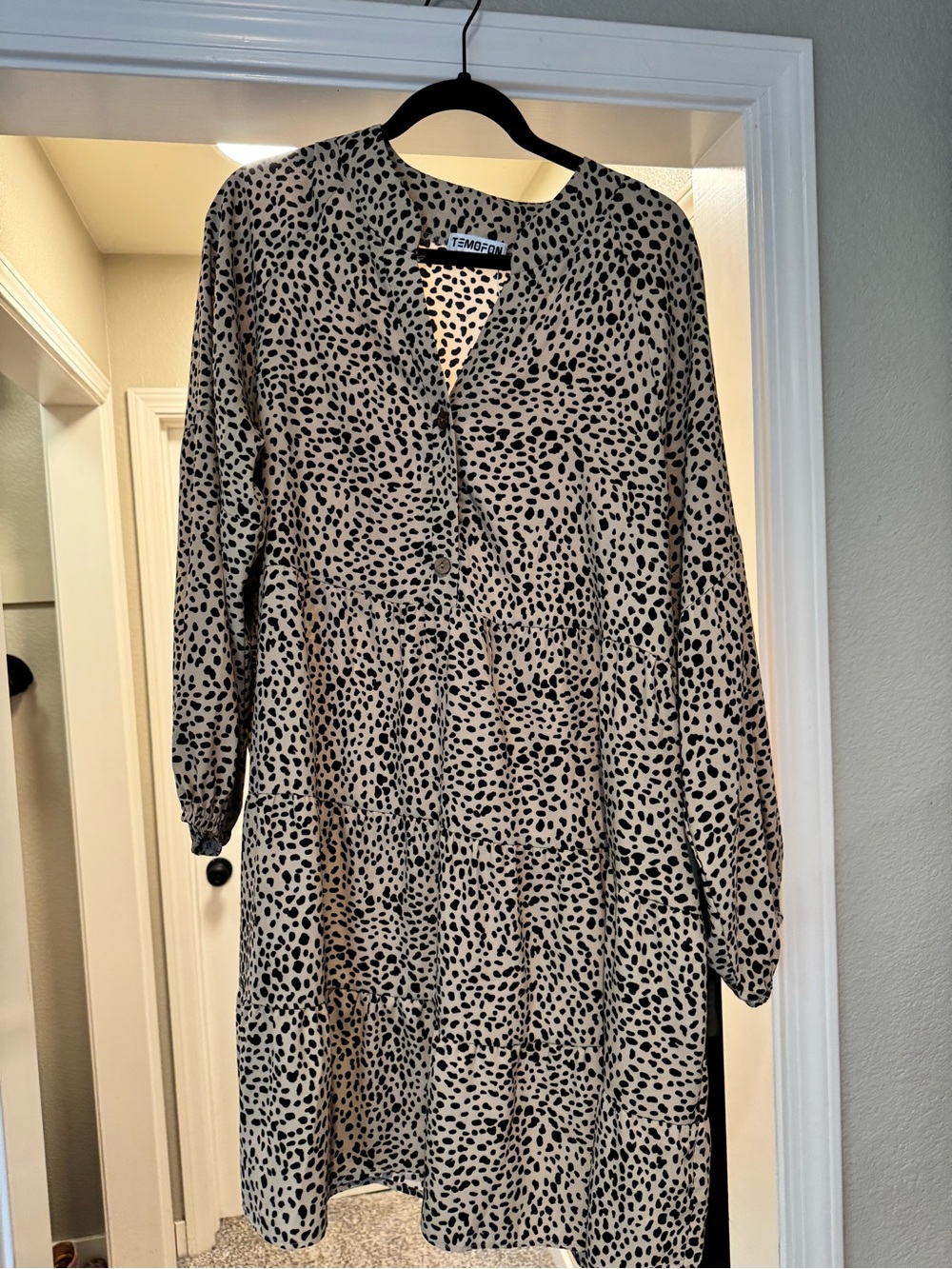 Temofan Black & Cream Printed Long Sleeve Tiered Dress